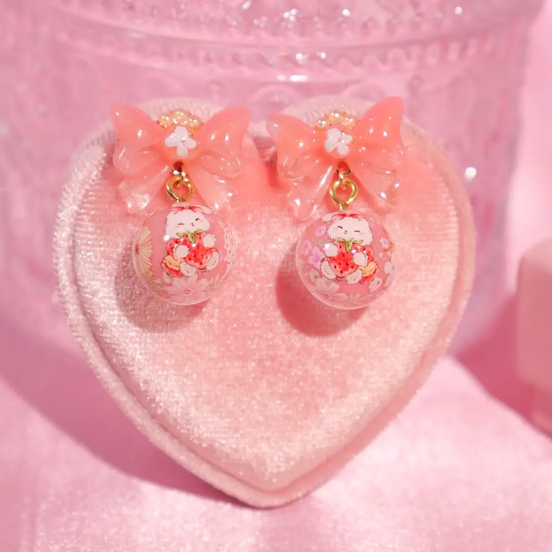 ต่างหูจี้กลม Strawberry Bunny Ribbon ต่างหู MIMEAR