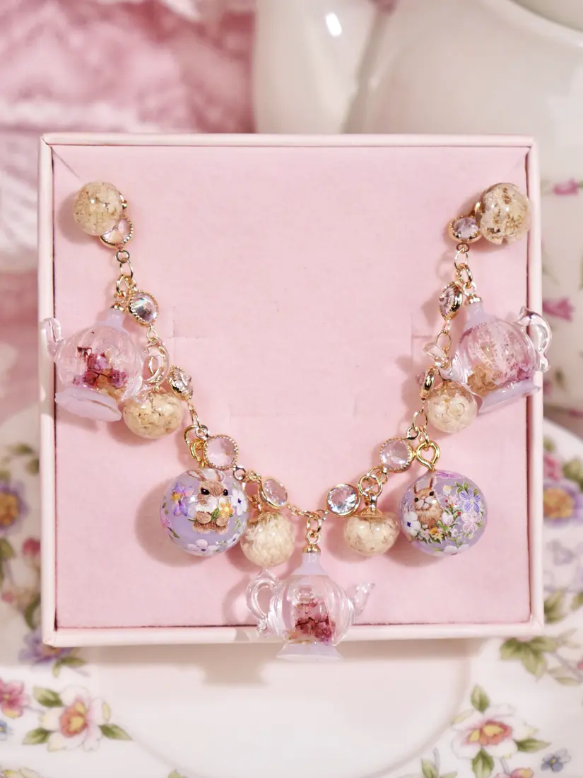 ข้อมือกาชากลมกระต่ายม่วง Floral Teapot สร้อยข้อมือ MIMEAR