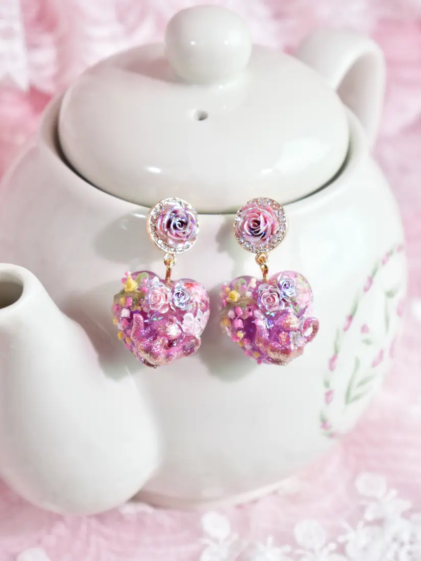 ต่างหูใจกาชากุหลาบ Meow Floral Teapot ต่างหู MIMEAR