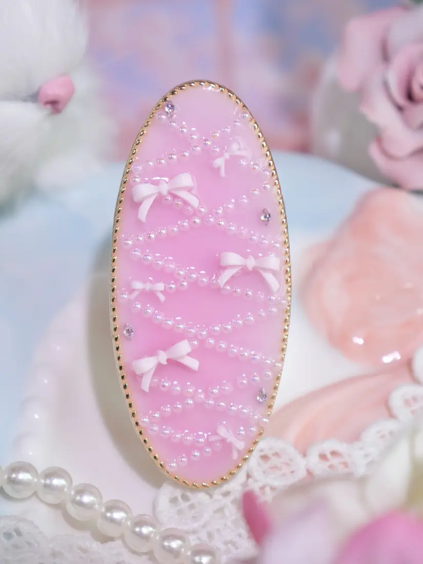 กิ๊บ Tea Bloom Wine Blush วงรีใหญ่ Corset โบว์ชมพู กิ๊บติดผม MIMEAR