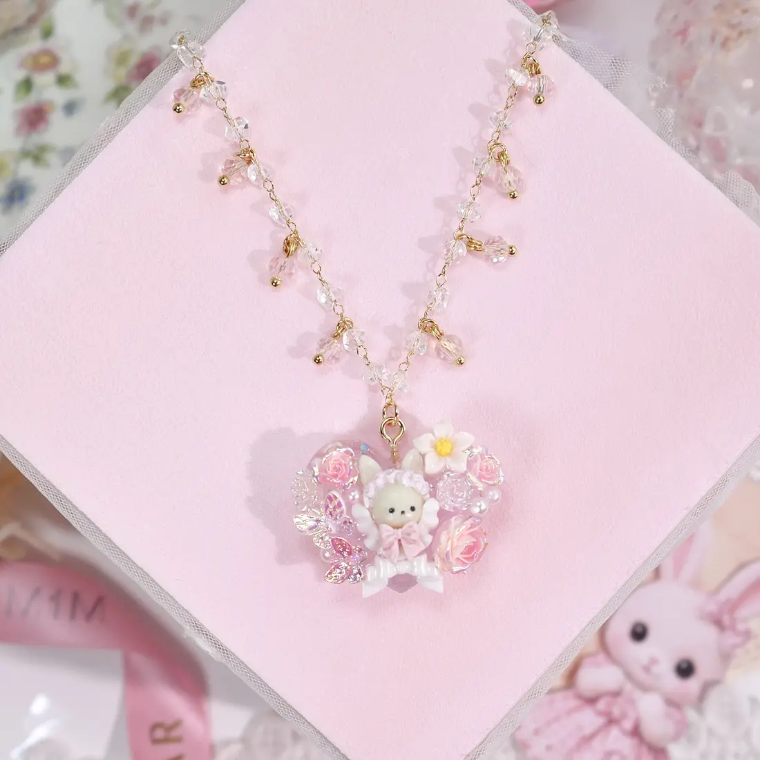 สร้อยคอใจกระต่ายผีเสื้อกุหลาบชมพู สร้อยคอ MIMEAR