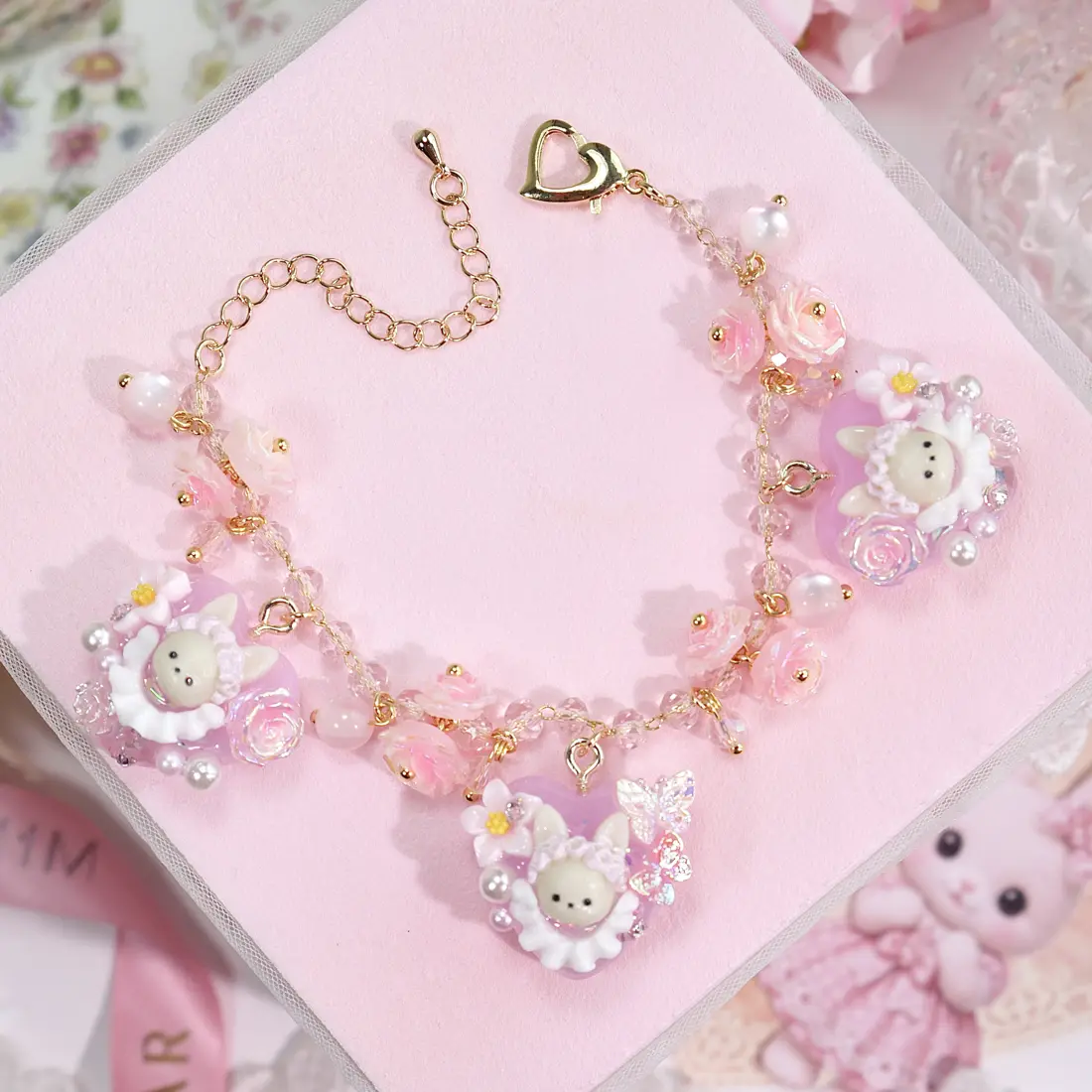 ข้อมือใจกระต่ายผีเสื้อกุหลาบชมพู สร้อยข้อมือ MIMEAR