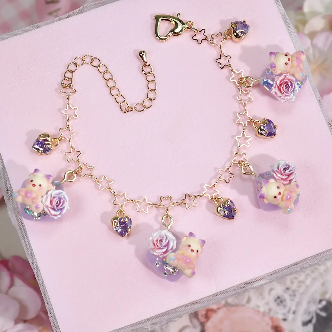 ข้อมือหมีทรงเหลี่ยมม่วง สร้อยข้อมือ MIMEAR