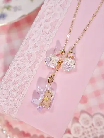 สร้อยคอจิ๊กซอว์ชมพูม่วงหมีน้ำตาล