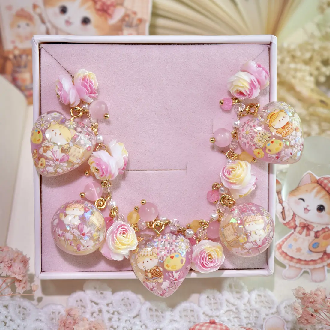 ข้อมือหัวใจกลมชมพูแมวแต้มฝัน สร้อยข้อมือ MIMEAR